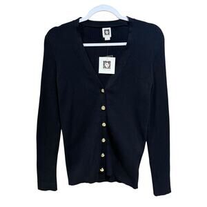 NWT Anne Klein Black Ribbed Long Sleeve Button Up Sweater Top Womens Size Small